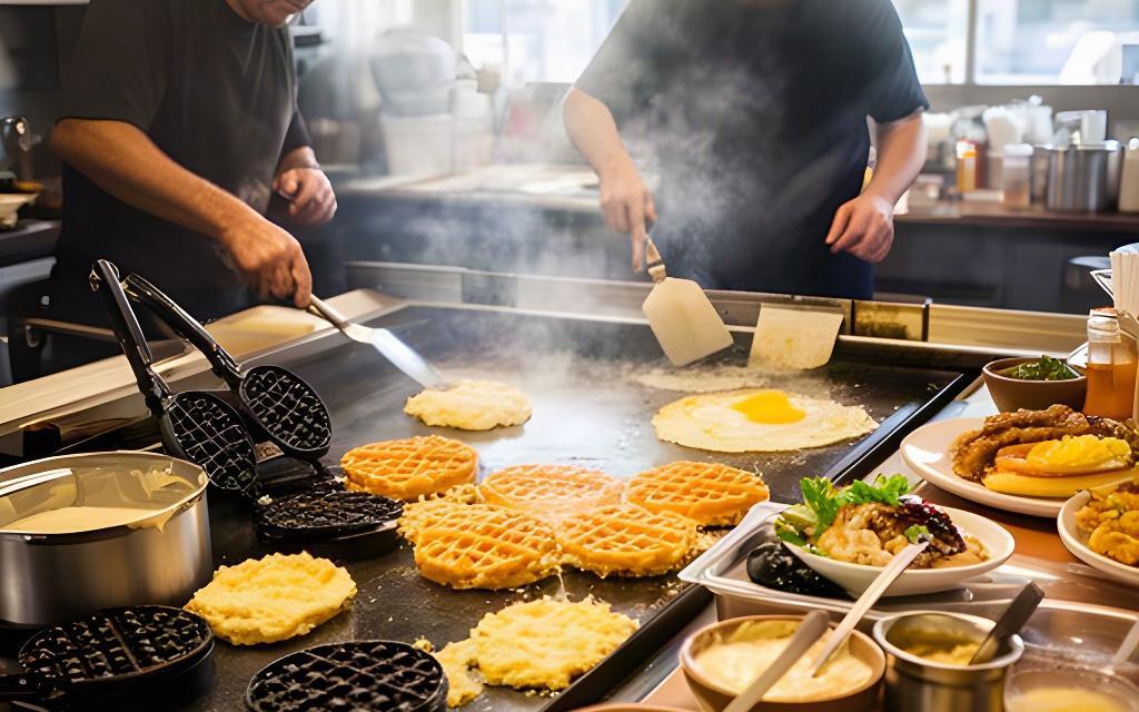 Cook working a broad diner griddle during morning service at a Honolulu breakfast counter