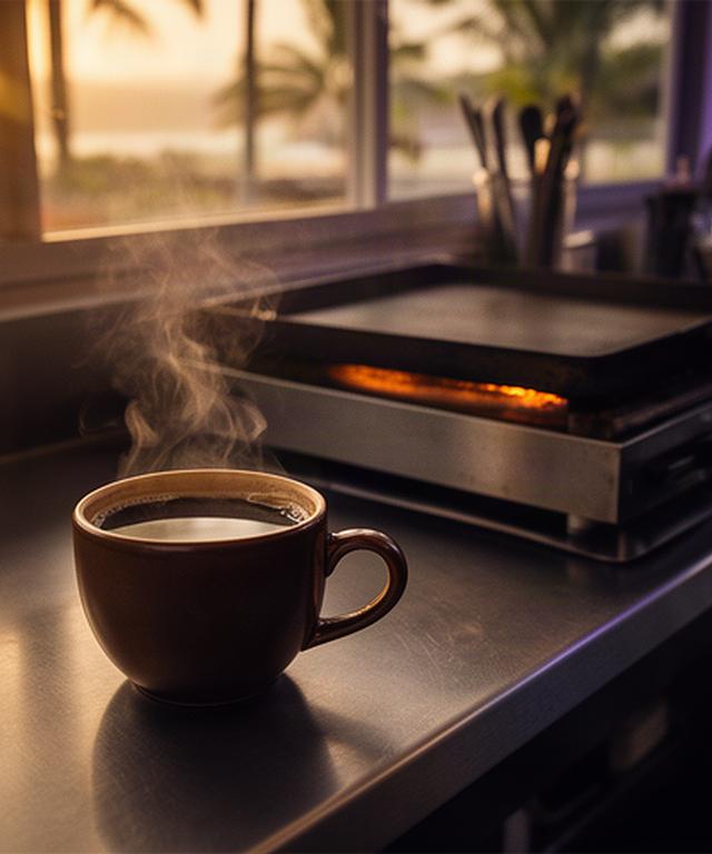 A Honolulu diner counter at sunrise, with a ceramic coffee cup beside the breakfast griddle