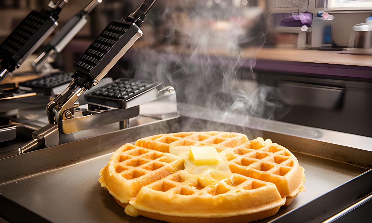 Waffle irons steaming on a diner griddle beside a golden waffle ready for service