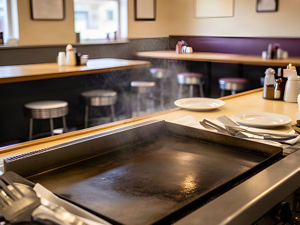 Open diner griddle beside a counter with stools, set for the morning breakfast service