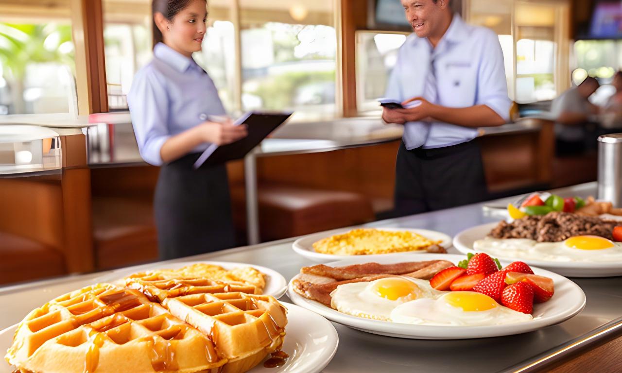 Breakfast plates and waffles on a diner counter in Honolulu, with a server taking an order nearby
