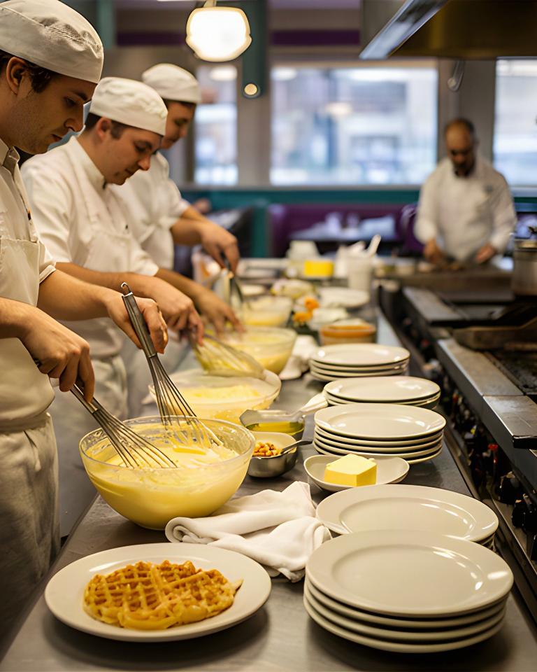 Diner cooks preparing waffle batter and setting breakfast plates beside the griddle before the morning rush