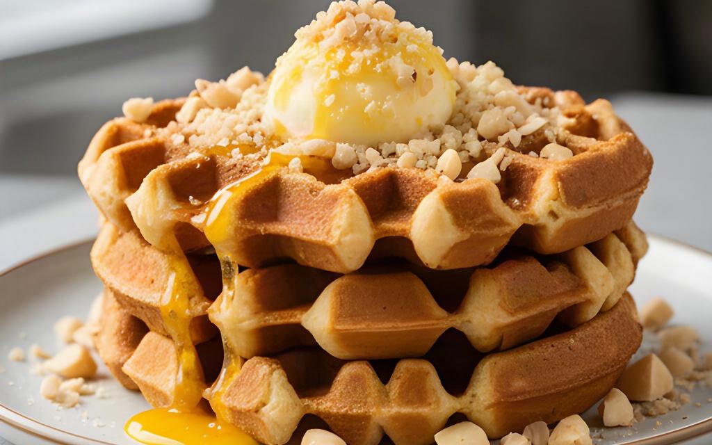 Golden macadamia waffle stack finished with toasted nut crumble and lilikoi butter