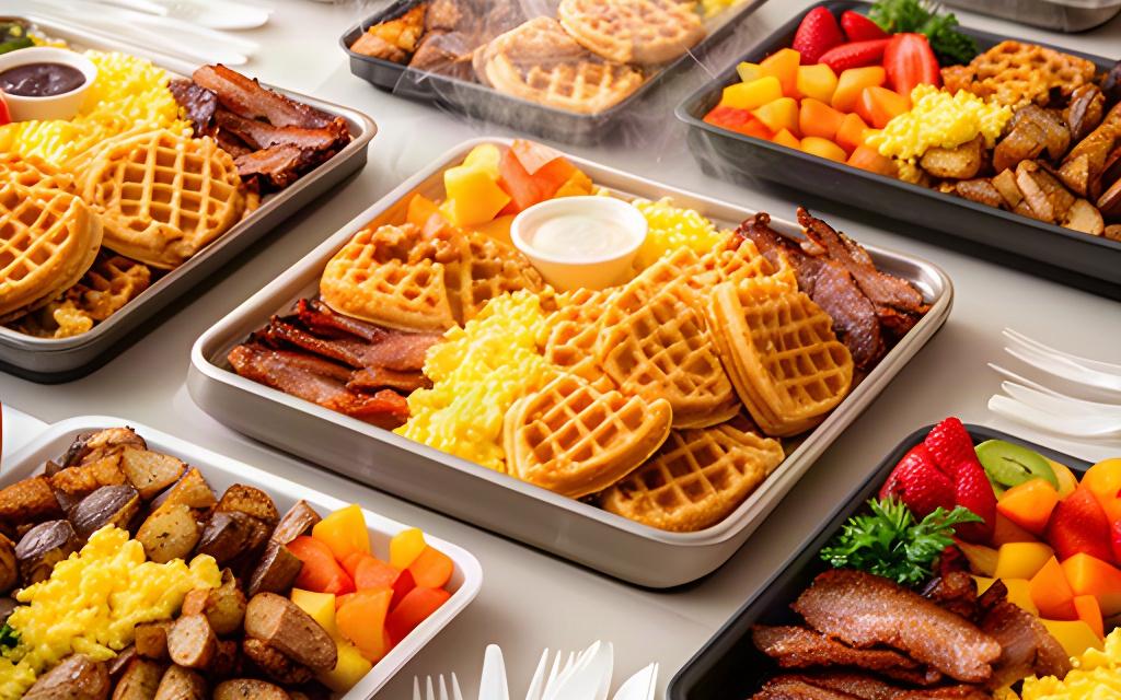Waffle halves, eggs, breakfast meats, potatoes and fruit arranged in catering trays on a table