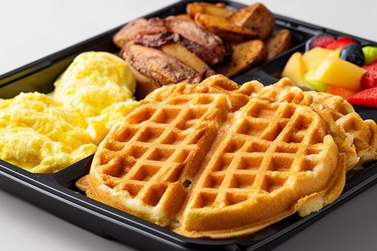 Golden waffle halves with breakfast sides packed in a serving tray for a Honolulu group order