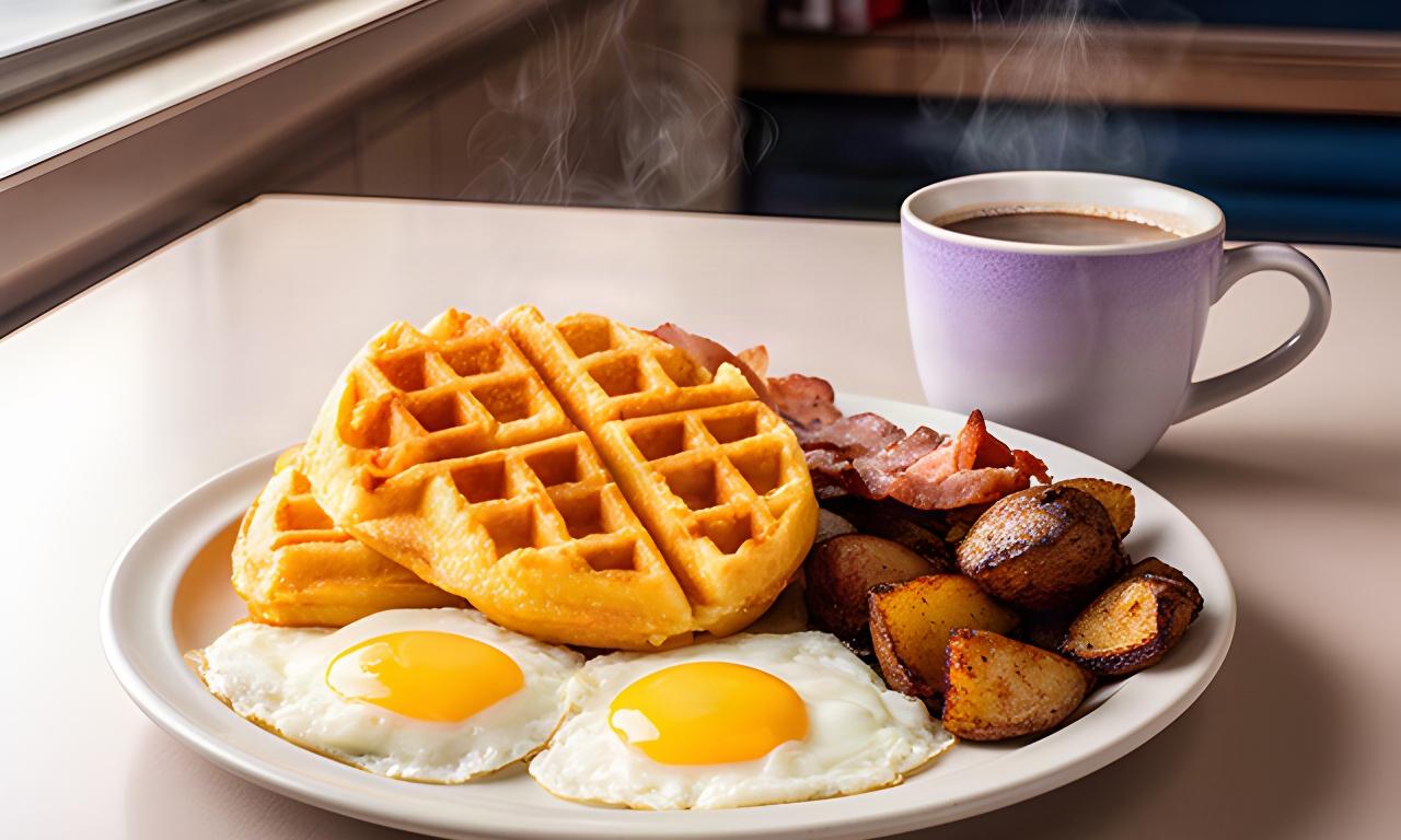 A full diner breakfast with a golden waffle, sunny-side eggs, crisp potatoes and a fresh cup of coffee