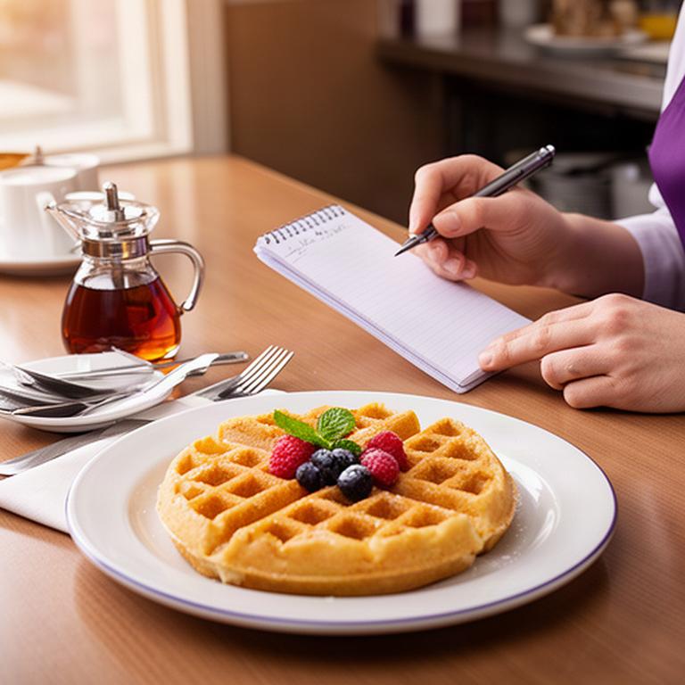 Diner staff member writing down a guest's breakfast order beside a waffle plate
