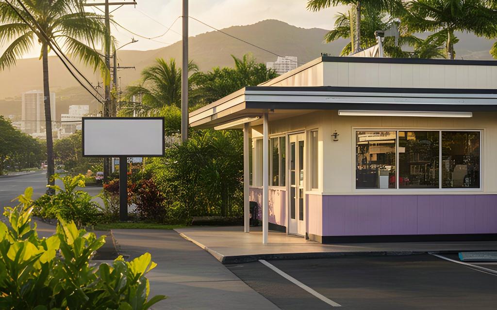 Diner exterior and roadside sign on Jarrett White Road in Honolulu, with the entrance visible from the street