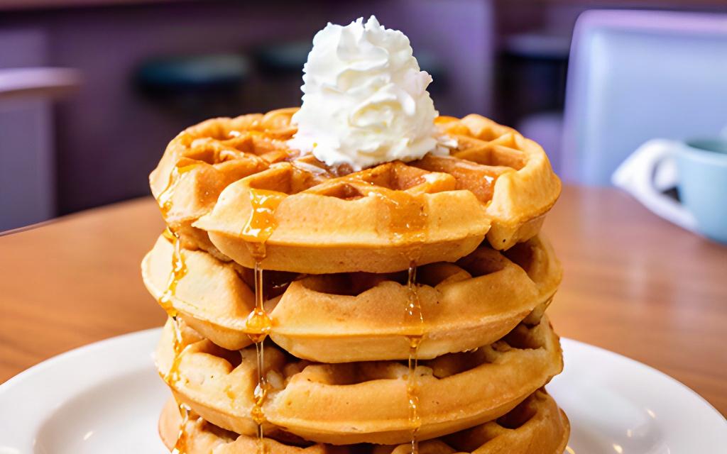Belgian waffle stack with whipped butter and syrup on a diner table in Honolulu
