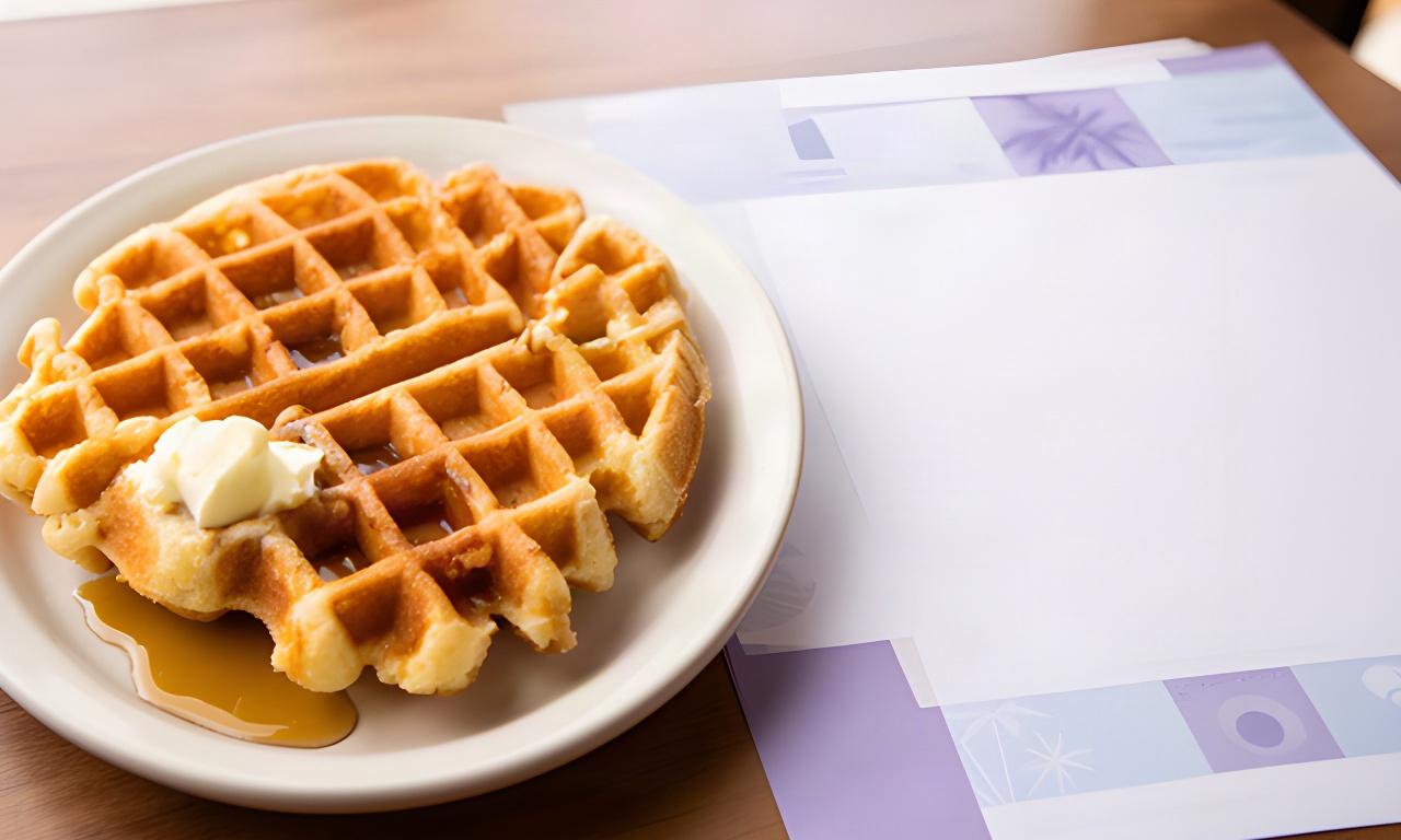 Printed diner menu beside a plate of golden waffles on a Honolulu restaurant table